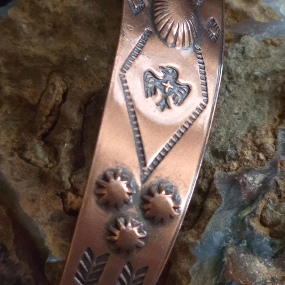 VTG Bell Trading Post Copper Cuff Bracelet Etched Thunderbird Tribal Arrow 1940s - Picture 6 of 8